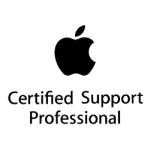 Apple Certified Support Professional certification badge featuring the iconic black Apple logo above the text "Certified Support Professional" in black lettering on a white background. This official Apple certification demonstrates authorised expertise in Apple product support and repair services, indicating qualified technical knowledge for MacBook, iMac, iPhone, and iPad repair services.