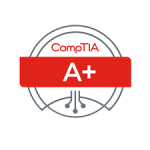 CompTIA A+ certification badge displaying a circular grey logo with the CompTIA branding above a prominent red banner containing "A+" in white text. The circular design includes technical circuit-style graphics representing computer hardware expertise. This industry-standard certification validates foundational IT skills and computer repair competency, demonstrating professional qualifications in hardware troubleshooting, operating systems, and technical support services.