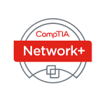 CompTIA Network+ certification badge featuring a circular grey logo with CompTIA branding above a red banner displaying "Network+" in white text. The circular design incorporates network connectivity symbols representing networking expertise. This professional certification demonstrates advanced knowledge in network configuration, troubleshooting, and infrastructure management, validating skills in business network support and connectivity solutions.