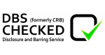 DBS Checked certification logo displaying "DBS (formerly CRB) CHECKED" in black text alongside "Disclosure and Barring Service" subtitle. A prominent green tick mark in a black square confirms the verification status. This official UK government certification indicates completed background checks and professional clearance, providing customer assurance for trusted and secure computer repair services in residential and business environments.